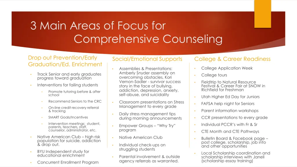 3 main areas of focus for comprehensive counseling