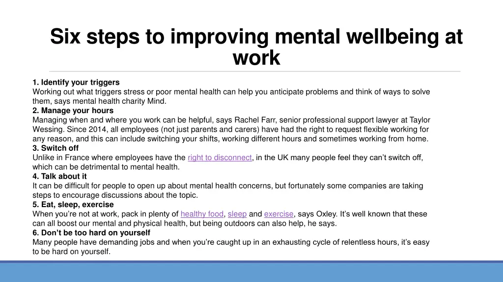six steps to improving mental wellbeing at work