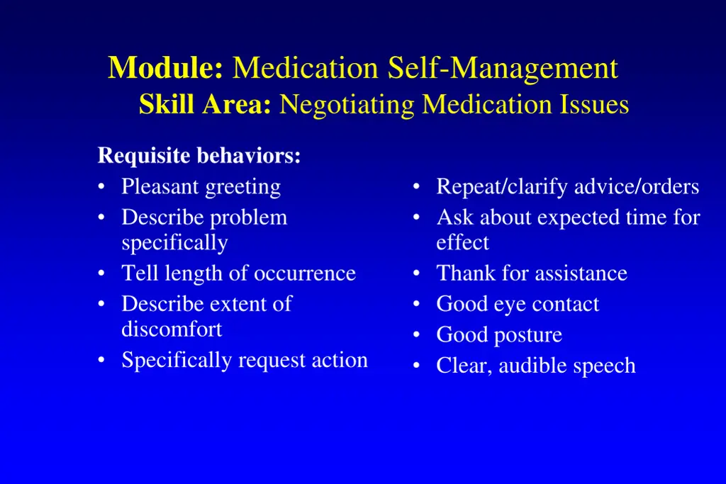module medication self management skill area