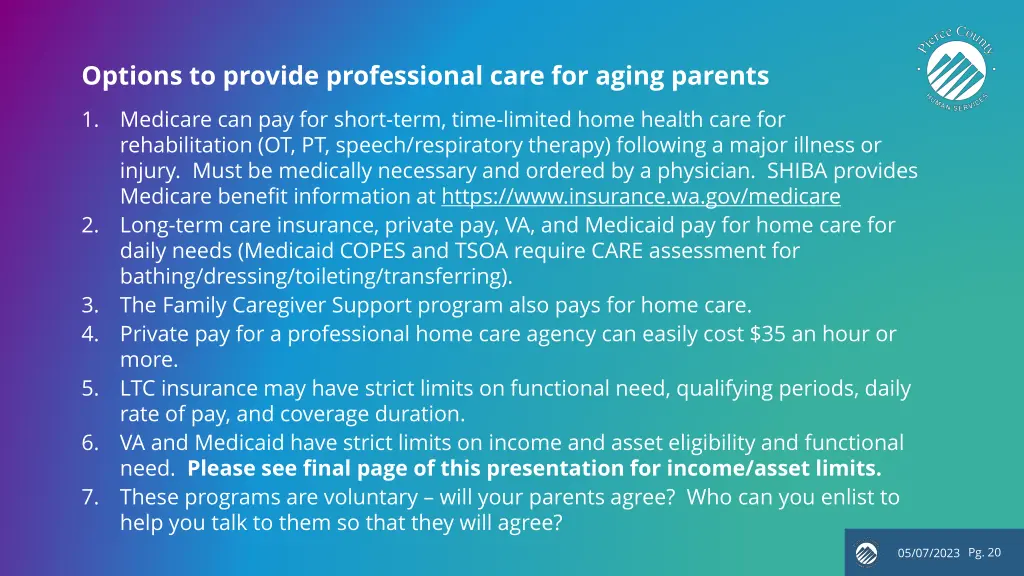 options to provide professional care for aging