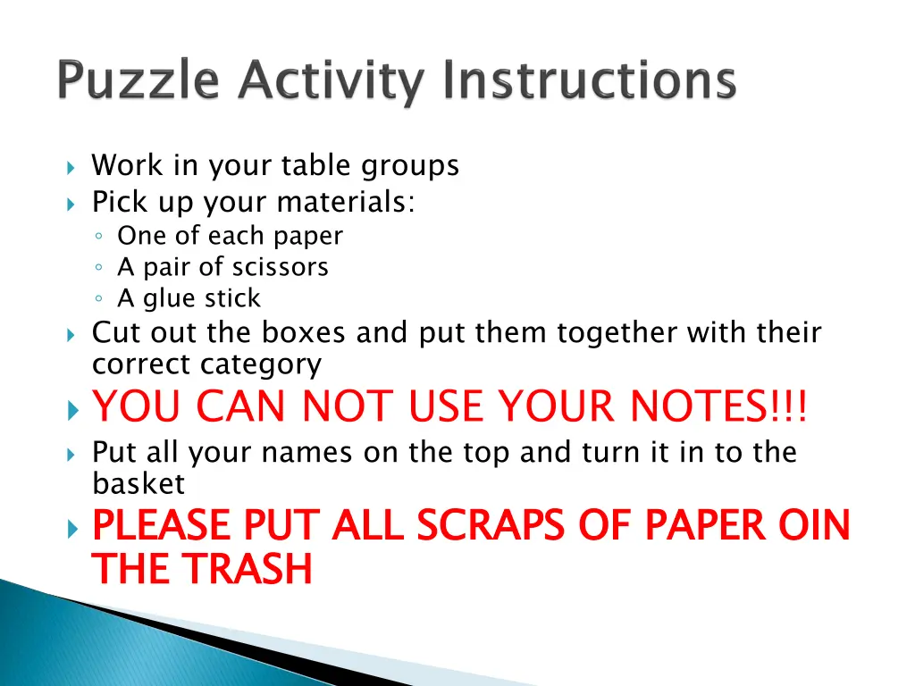 work in your table groups pick up your materials