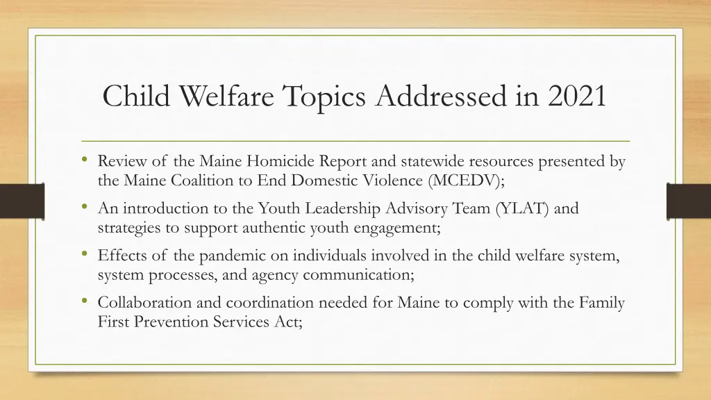child welfare topics addressed in 2021