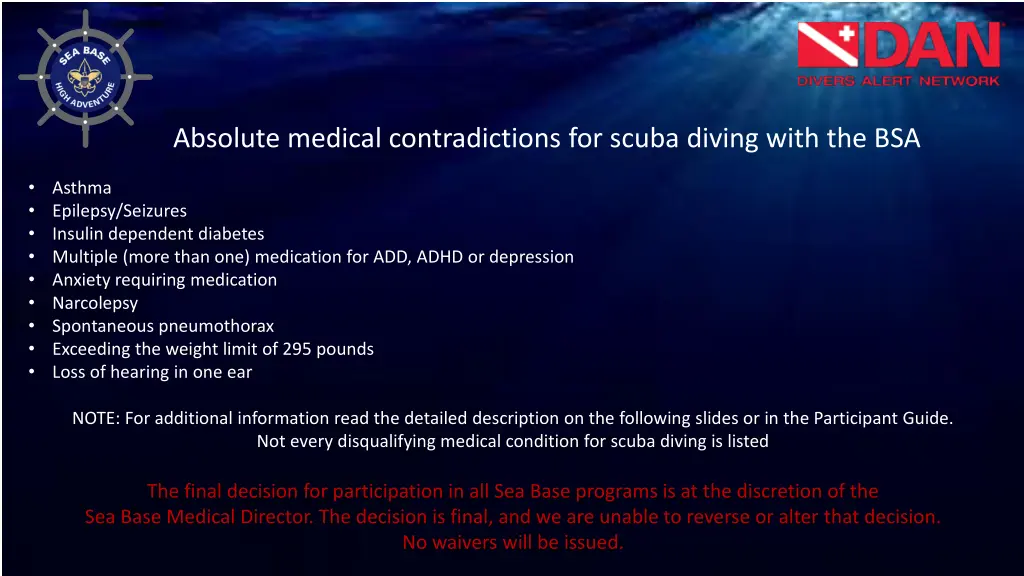 absolute medical contradictions for scuba diving