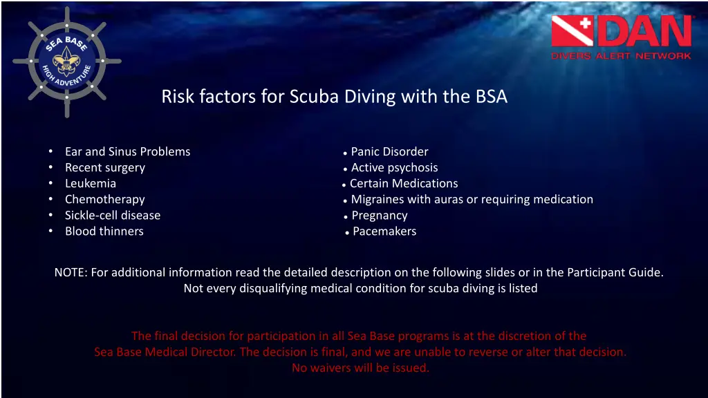 risk factors for scuba diving with the bsa
