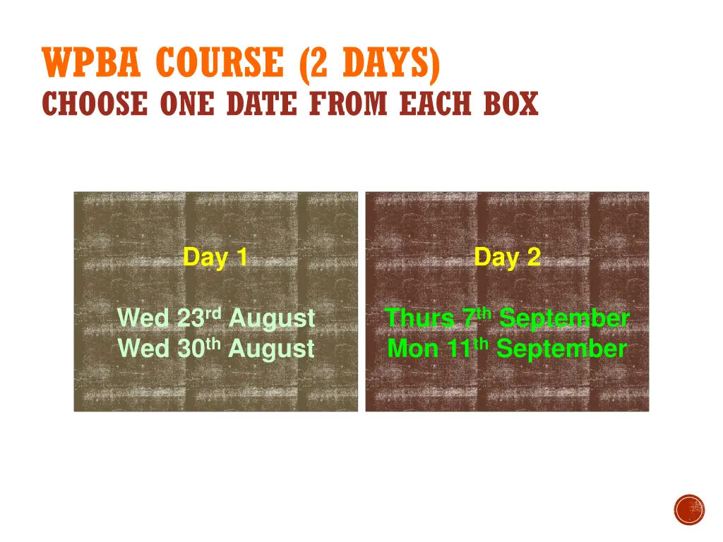 wpba course 2 days choose one date from each box