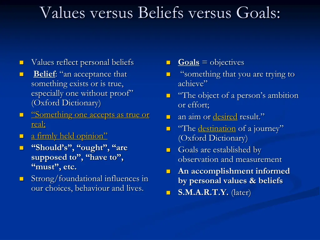 values versus beliefs versus goals