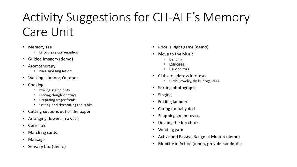 activity suggestions for ch alf s memory care unit
