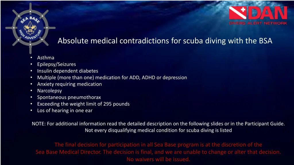 absolute medical contradictions for scuba diving