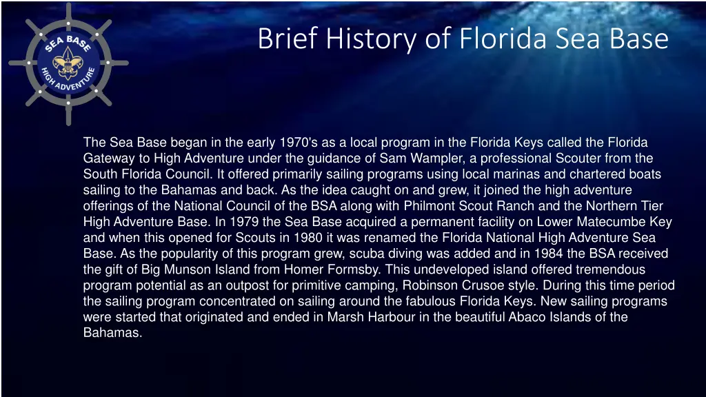 brief history of florida sea base