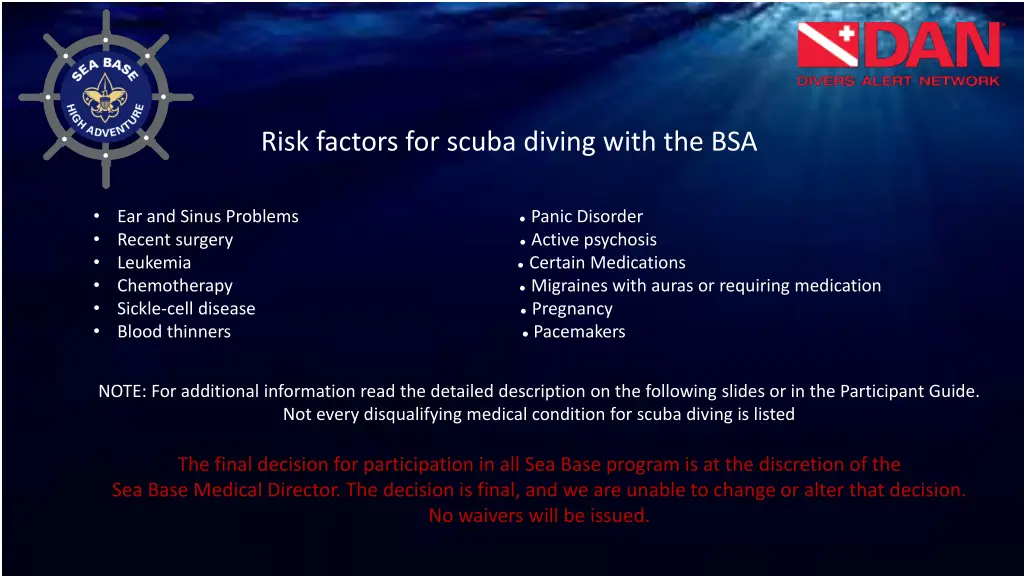 risk factors for scuba diving with the bsa