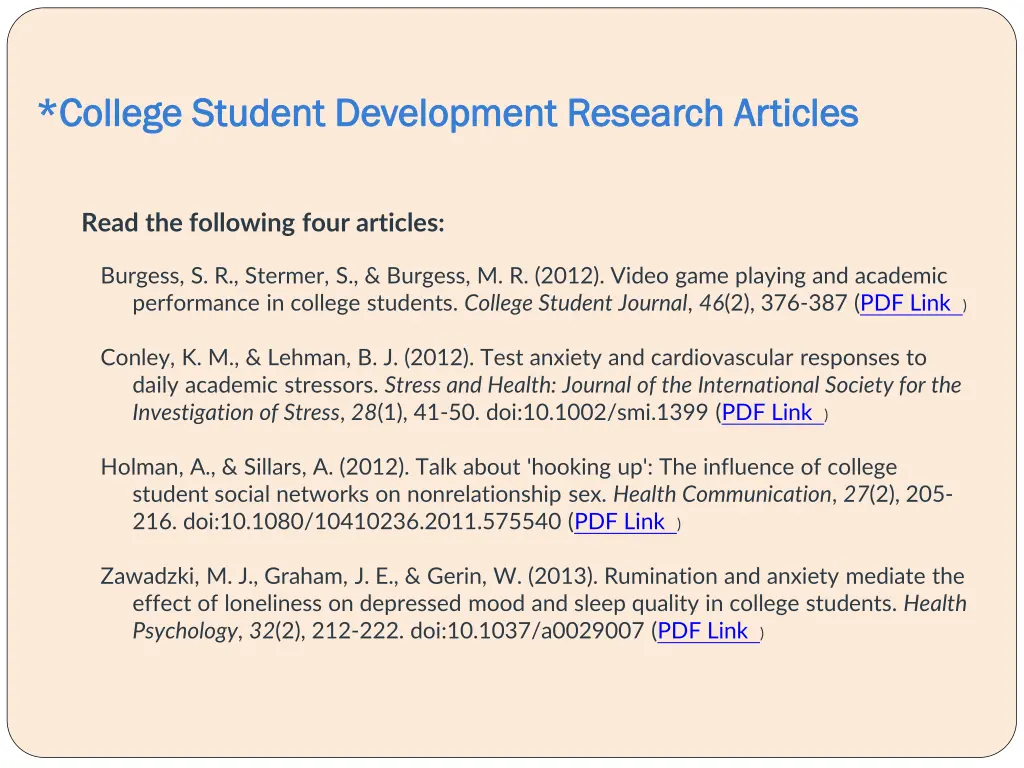 college student development research articles