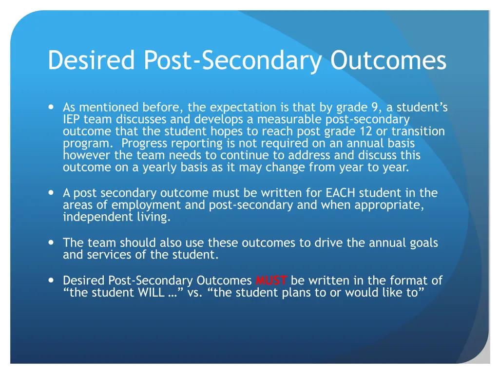 desired post secondary outcomes