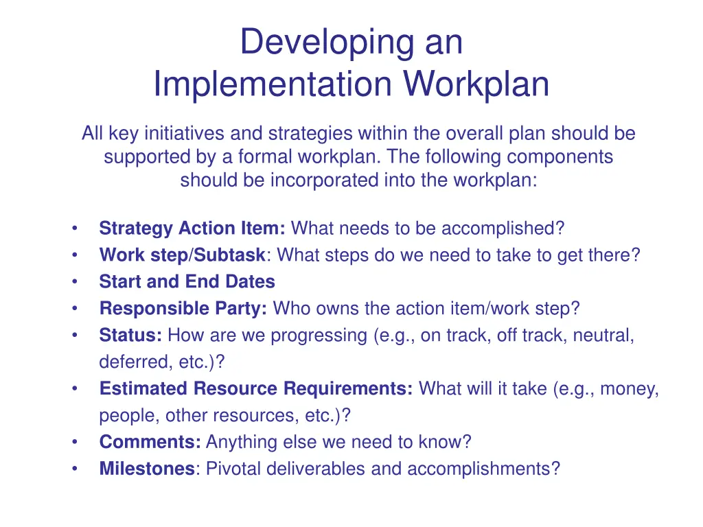 developing an implementation workplan