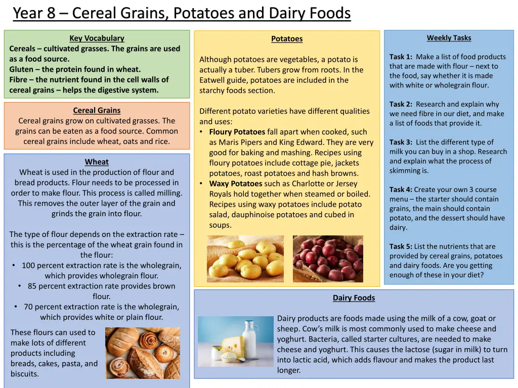 year 8 cereal grains potatoes and dairy foods