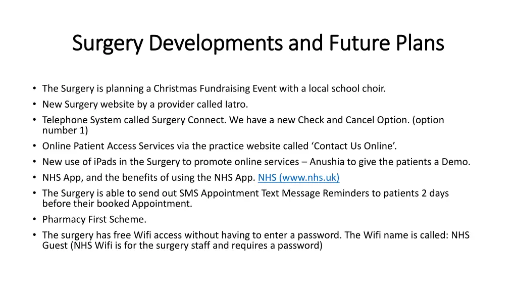 surgery developments and future plans surgery