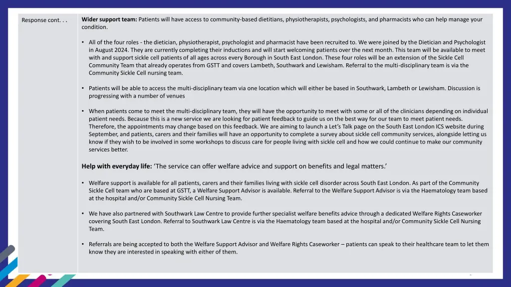 wider support team patients will have access