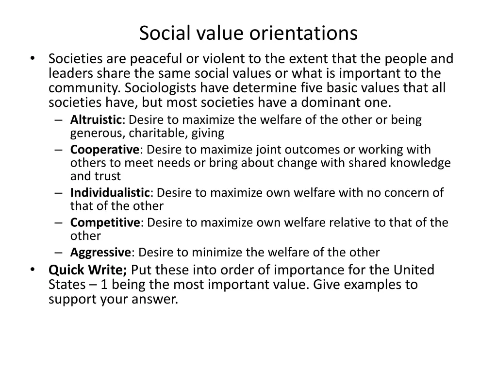 social value orientations societies are peaceful