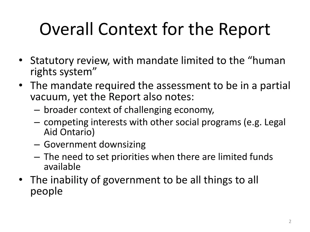 overall context for the report