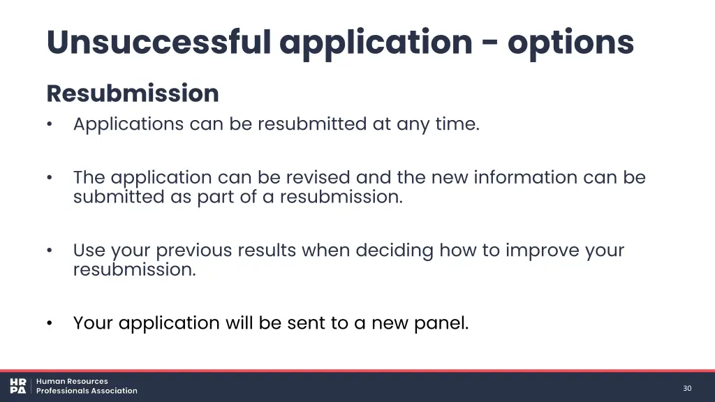 unsuccessful application options resubmission