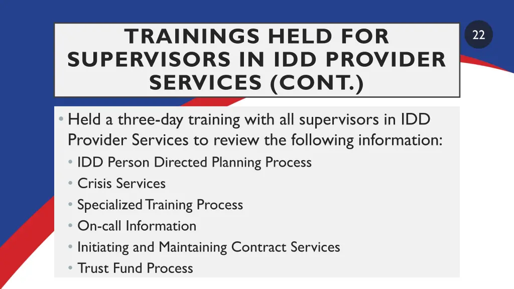 trainings held for supervisors in idd provider