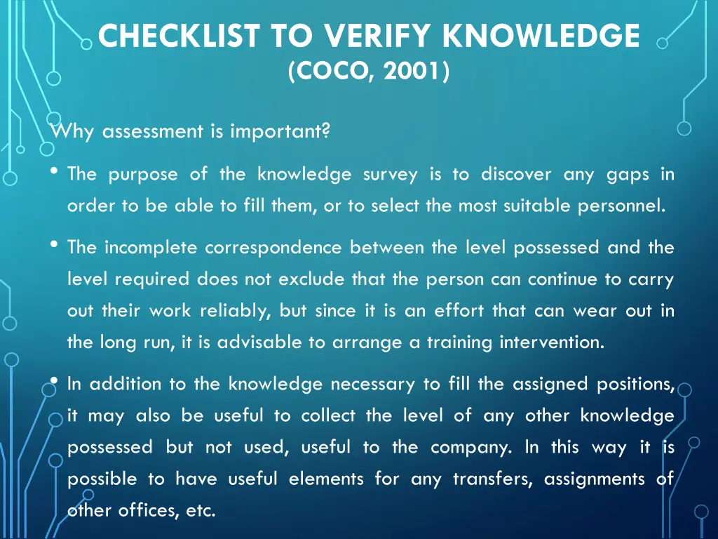 checklist to verify knowledge coco 2001 3