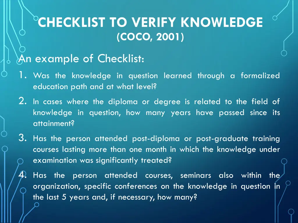 checklist to verify knowledge coco 2001