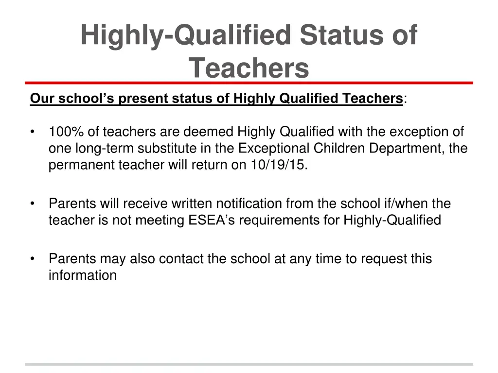 highly qualified status of teachers our school