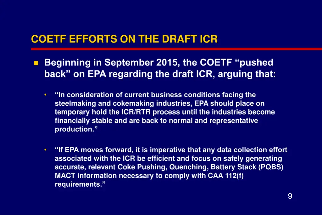 coetf efforts on the draft icr
