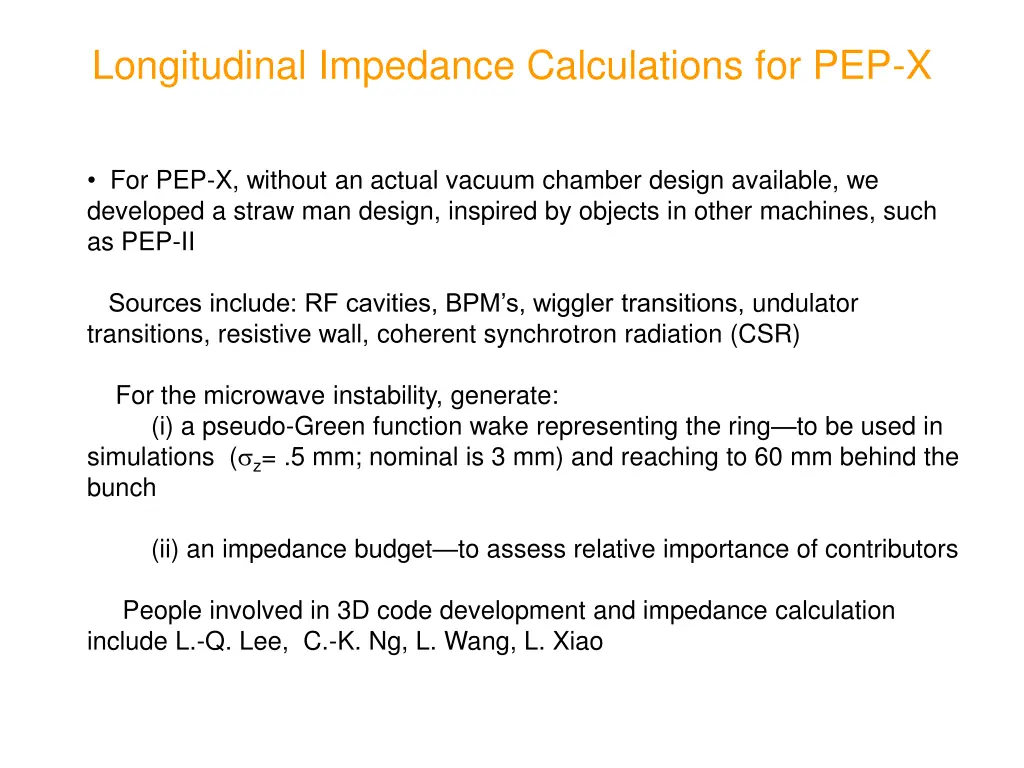 longitudinal impedance calculations for pep x