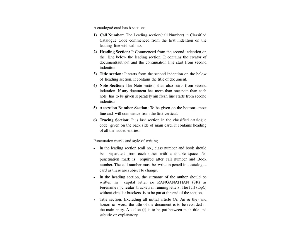 acatalogue card has 6 sections