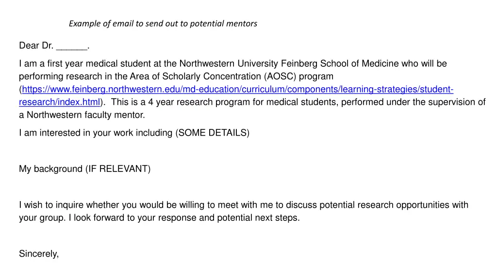 example of email to send out to potential mentors