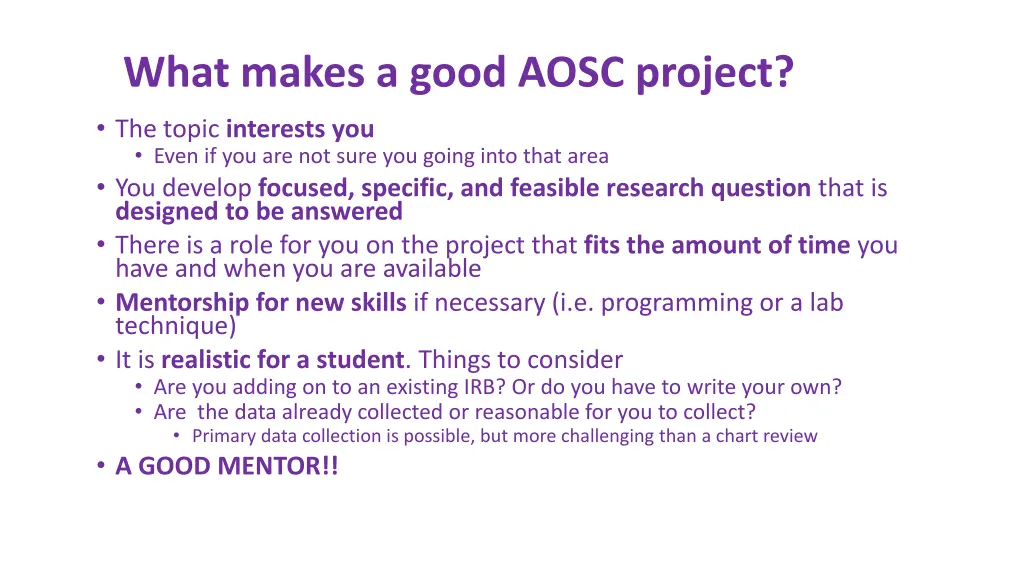 what makes a good aosc project the topic