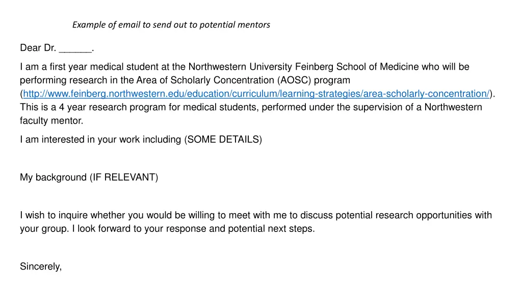 example of email to send out to potential mentors