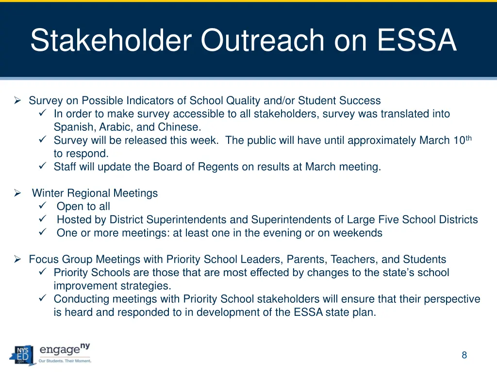 stakeholder outreach on essa 1