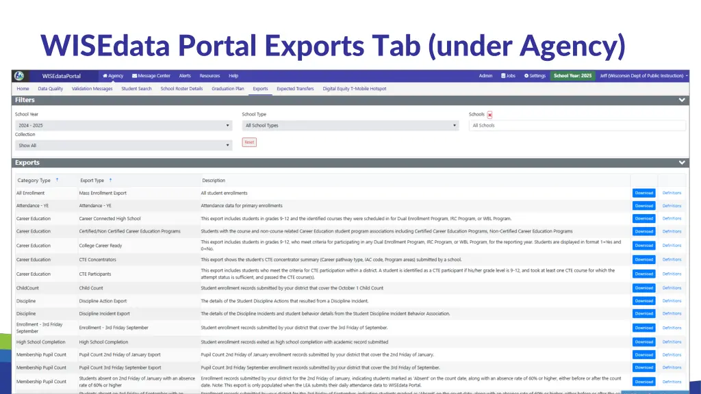 wisedata portal exports tab under agency