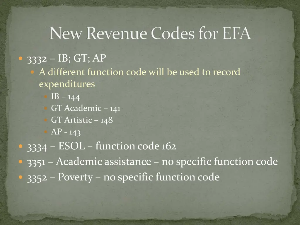 new revenue codes for efa