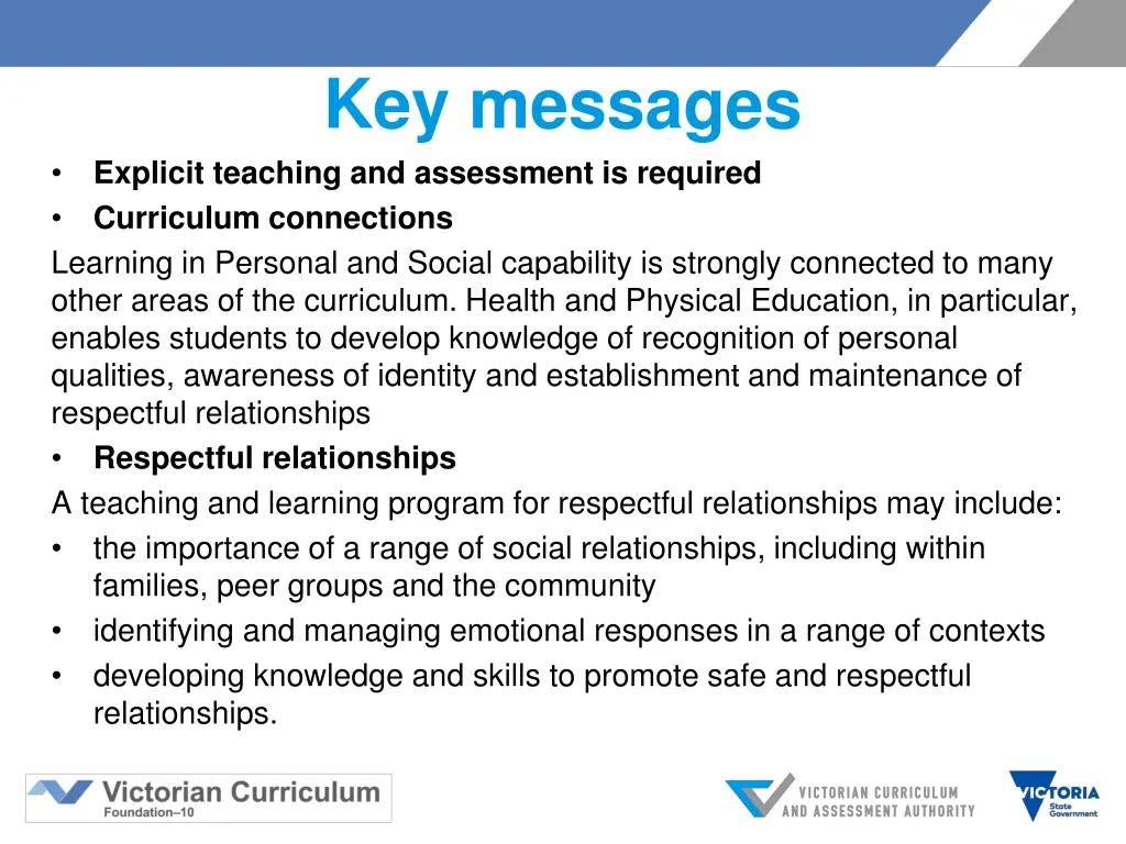 key messages explicit teaching and assessment