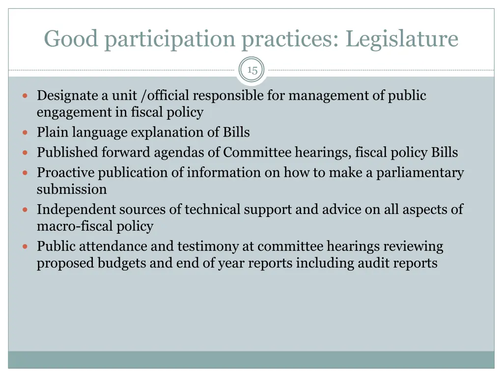 good participation practices legislature