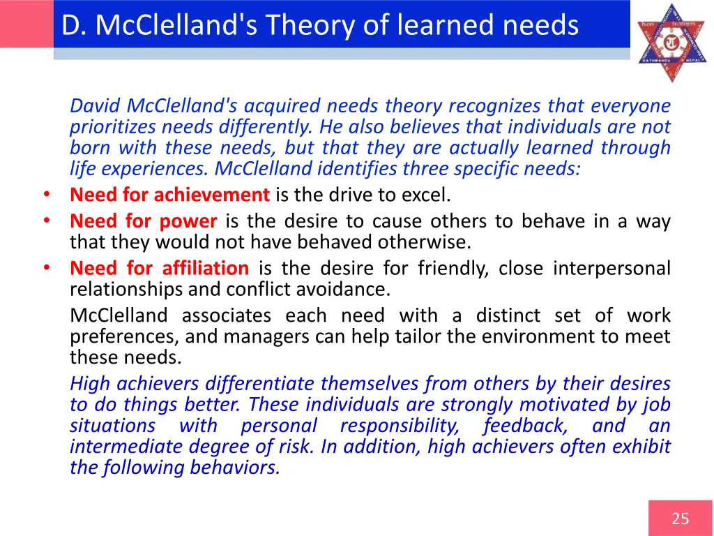 d mcclelland s theory of learned needs