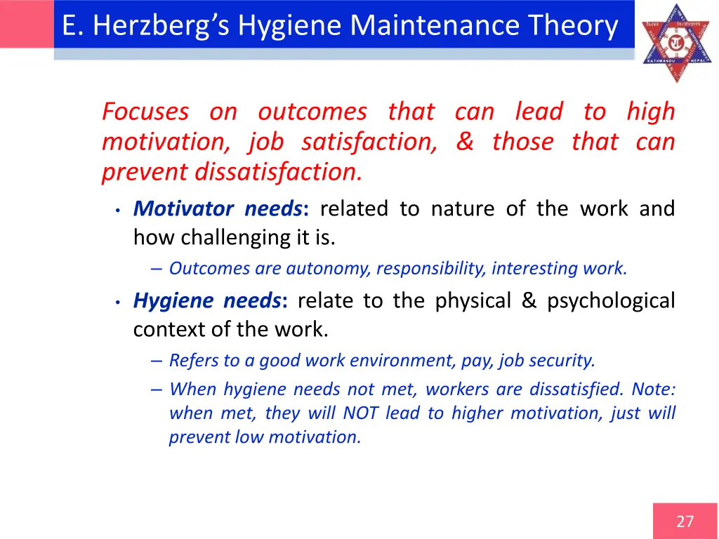 e herzberg s hygiene maintenance theory 1