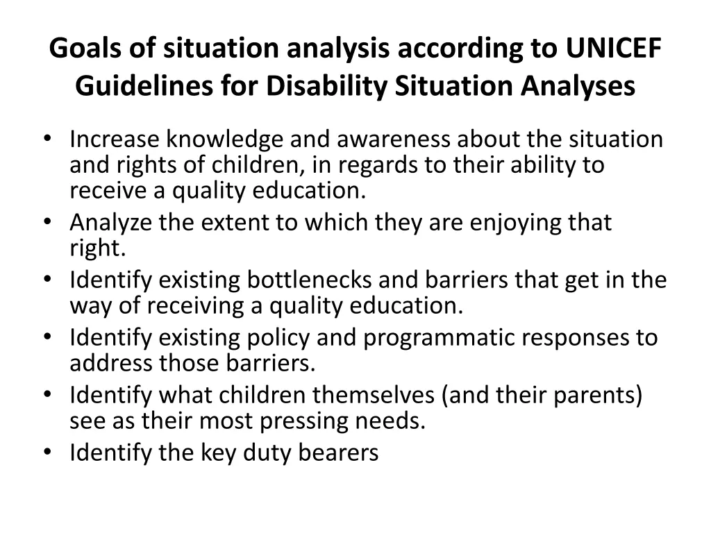 goals of situation analysis according to unicef