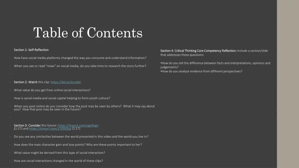 table of contents