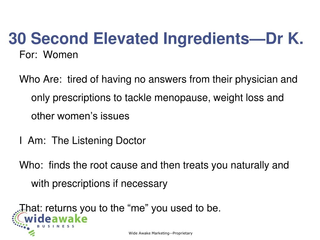 30 second elevated ingredients dr k for women
