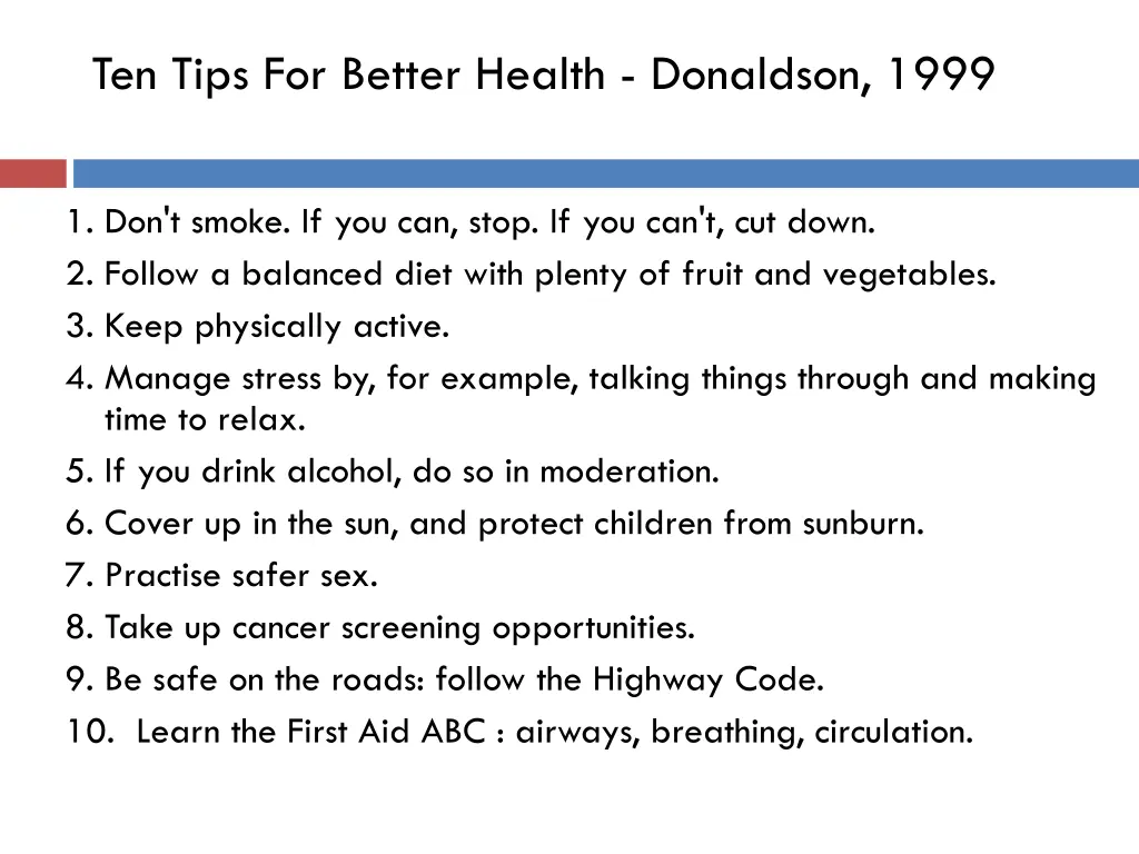 ten tips for better health donaldson 1999
