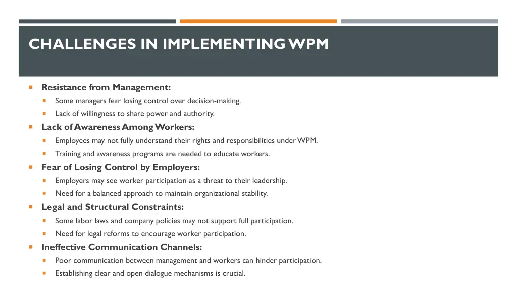challenges in implementing wpm