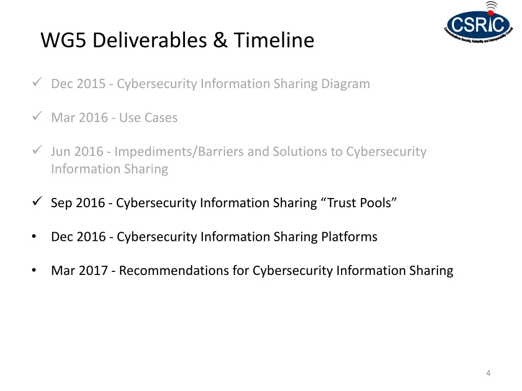 wg5 deliverables timeline