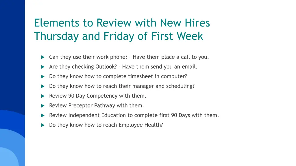 elements to review with new hires thursday