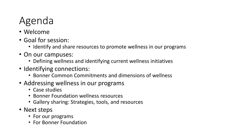 agenda welcome goal for session identify