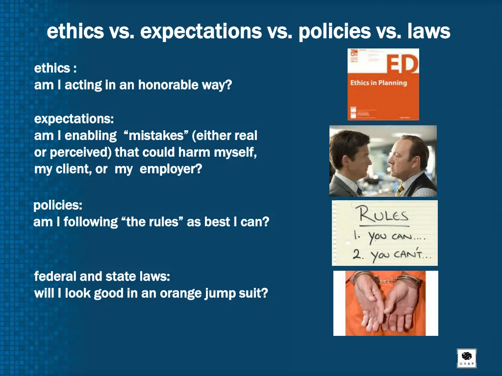 e ethics vs expectations vs policies vs laws