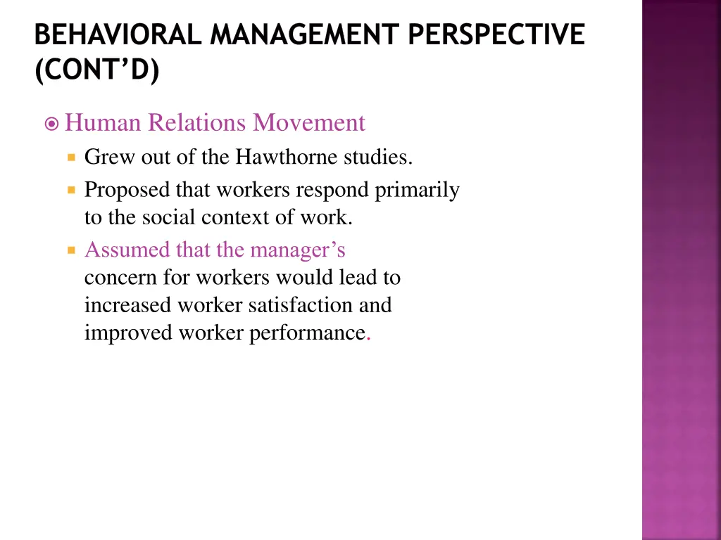 behavioral management perspective cont d